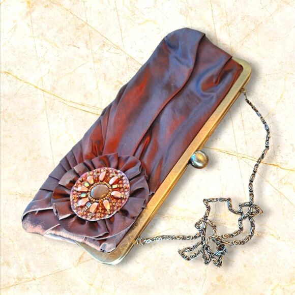 Chocolate Brown Satin Clutch with Chain Wedding Holiday Party Special Occasion - Picture 3 of 15